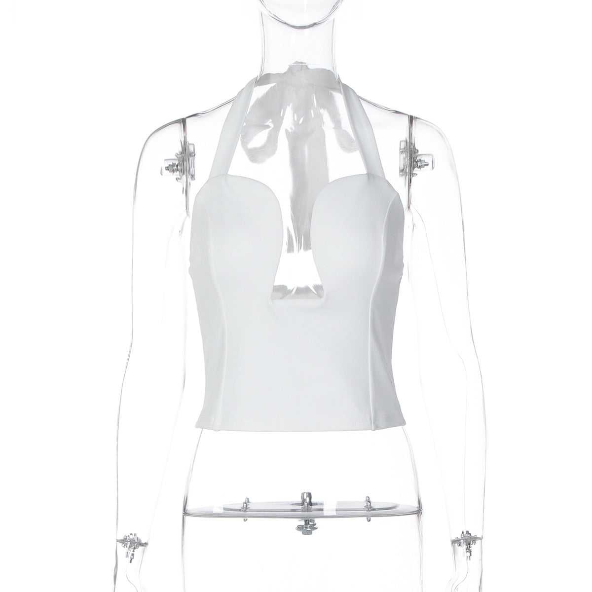Hollow-out Form-fitting Solid-color Halter Top With A Double-layer Design