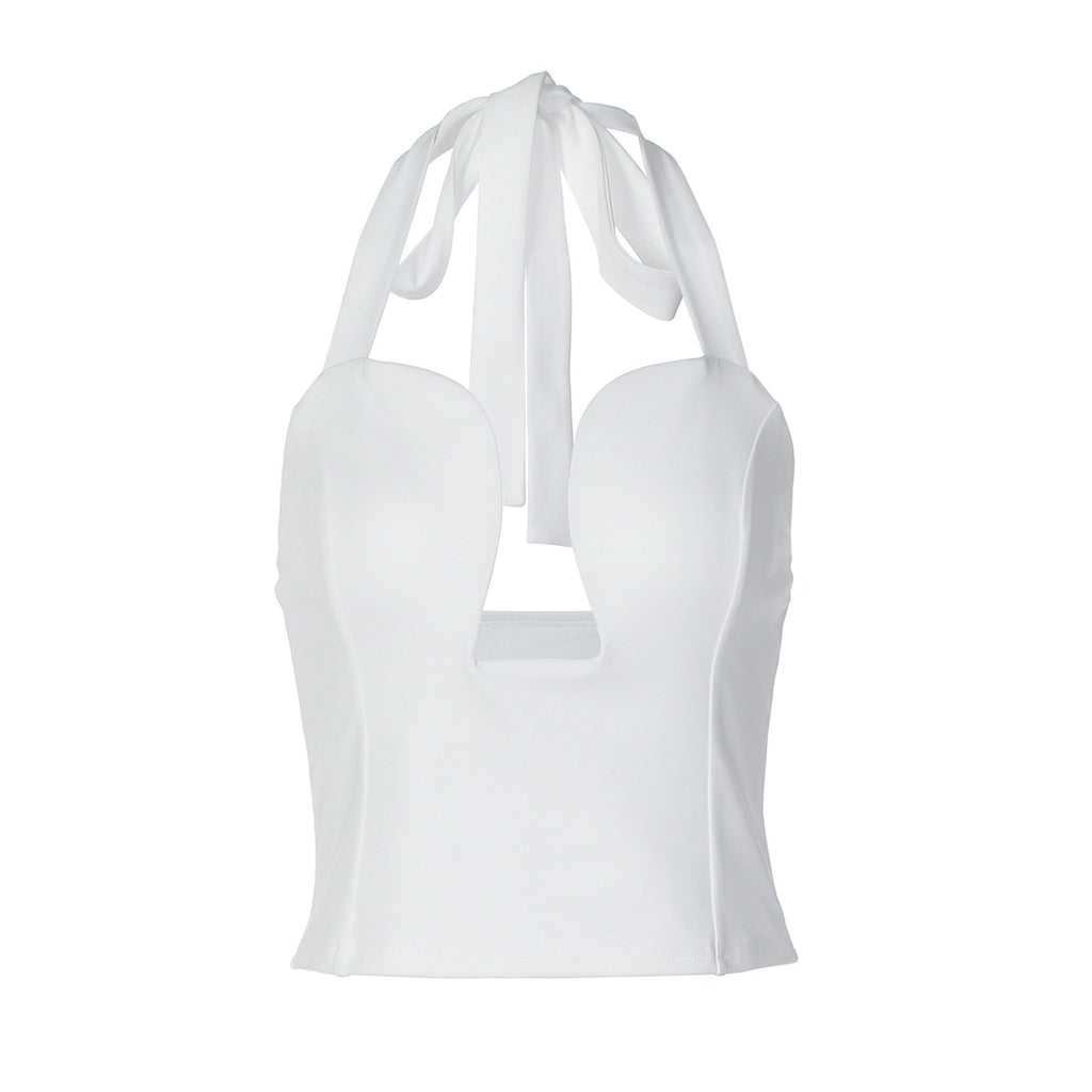 Hollow-out Form-fitting Solid-color Halter Top With A Double-layer Design